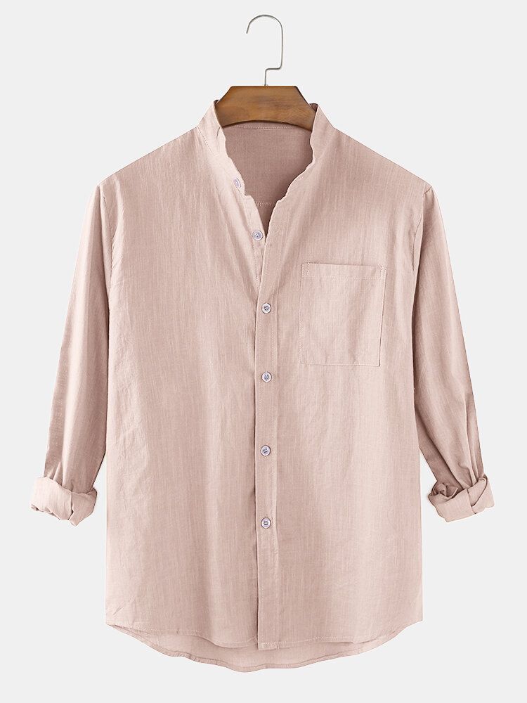 Blush Pink Linen Band-Collar Shirt