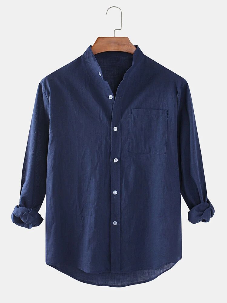 Navy Blue Linen Band-Collar Shirt